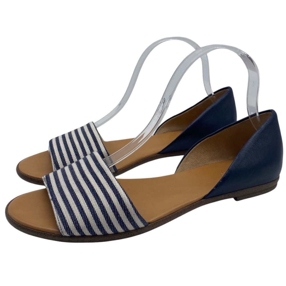 J. Crew Womens Shoes Leather Flats 9 Blue White Striped Leather Open Toe Chic